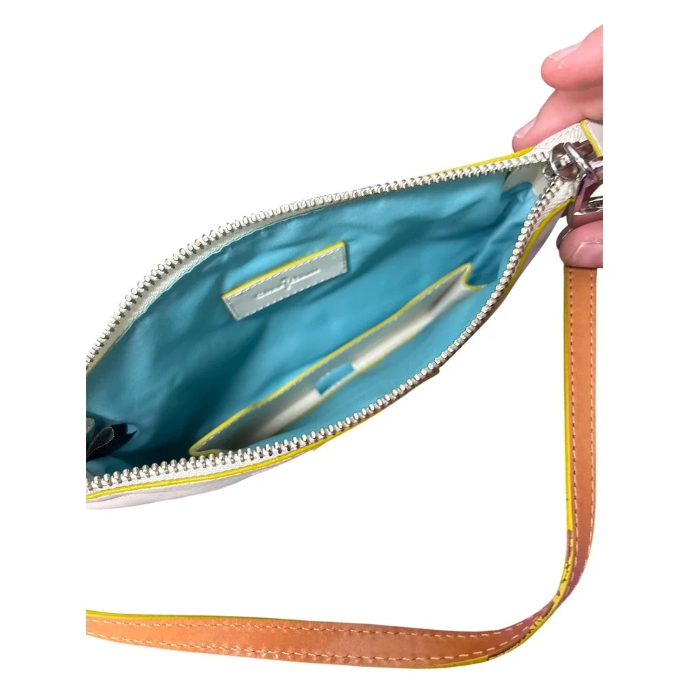 Cole Haan White Leather Wristlet Clutch Tan Strap Yellow Trim Turquoise Interior